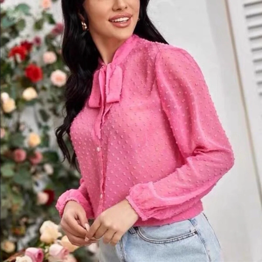 Pink Swiss Dots Tie Neck Blouse - Picture 1 of 6